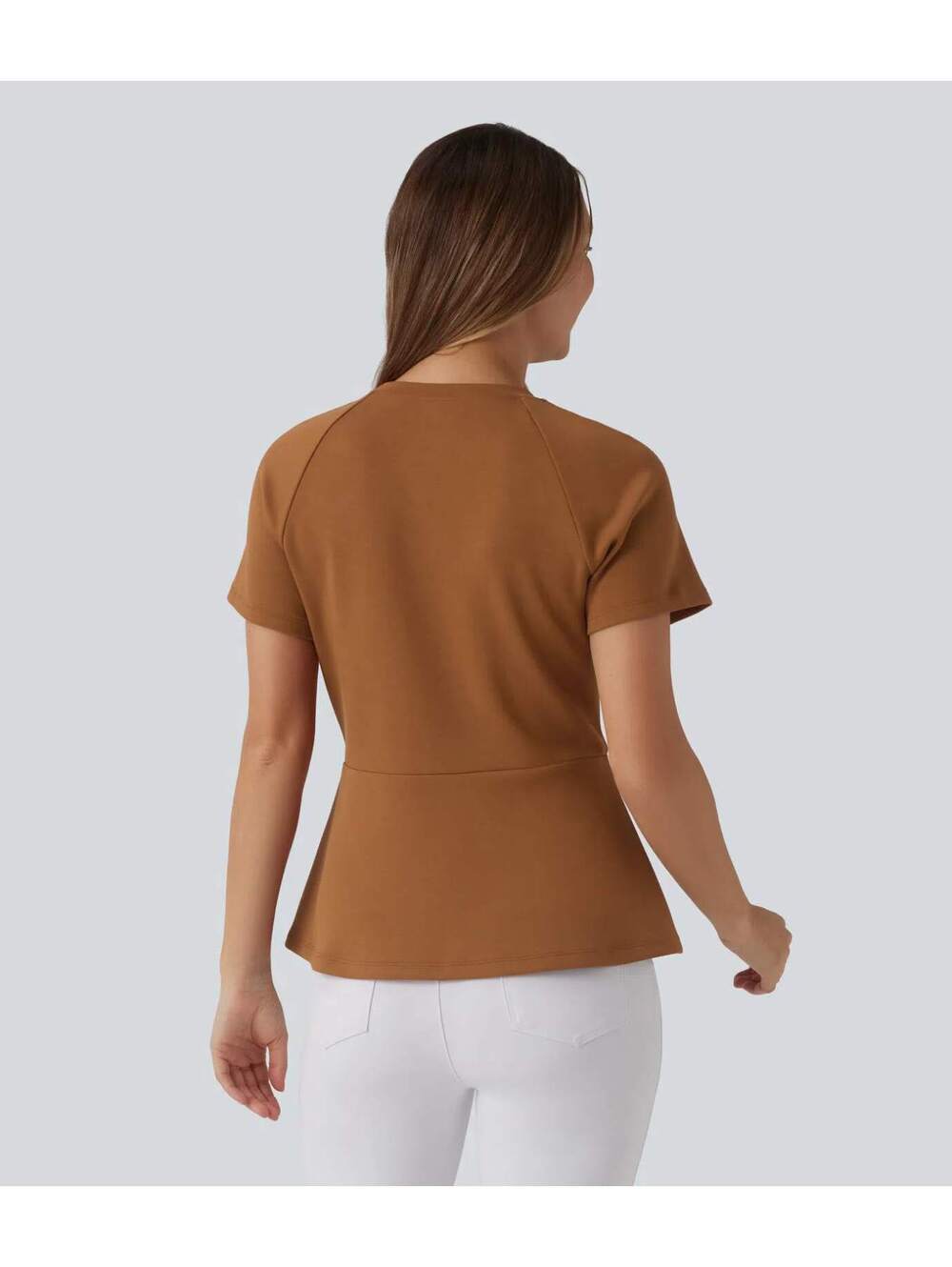 Halara Round Neck Short Sleeve Work Peplum Top Glazed Ginger Size XS - Picture 2 of 8
